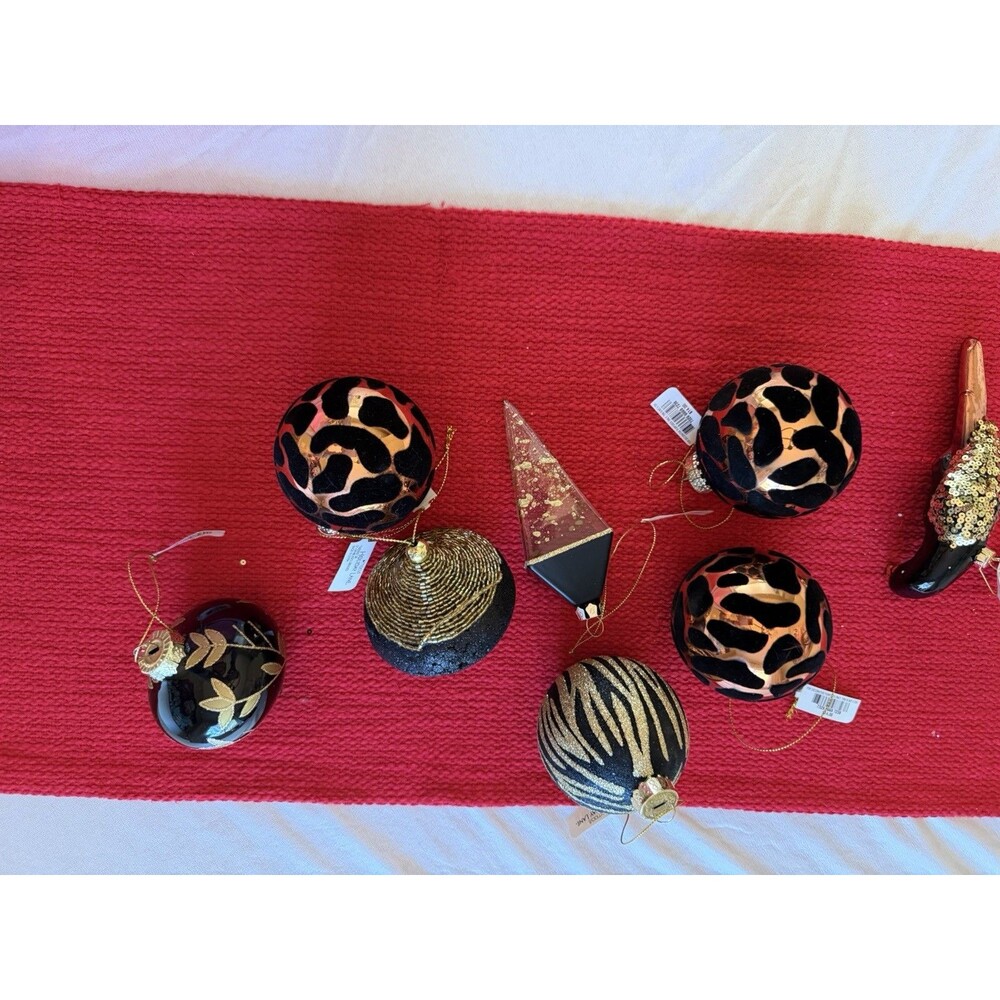 6pc Black/Gold Glass Ball Christmas Ornaments Set - Animal Print Glitter Hanging